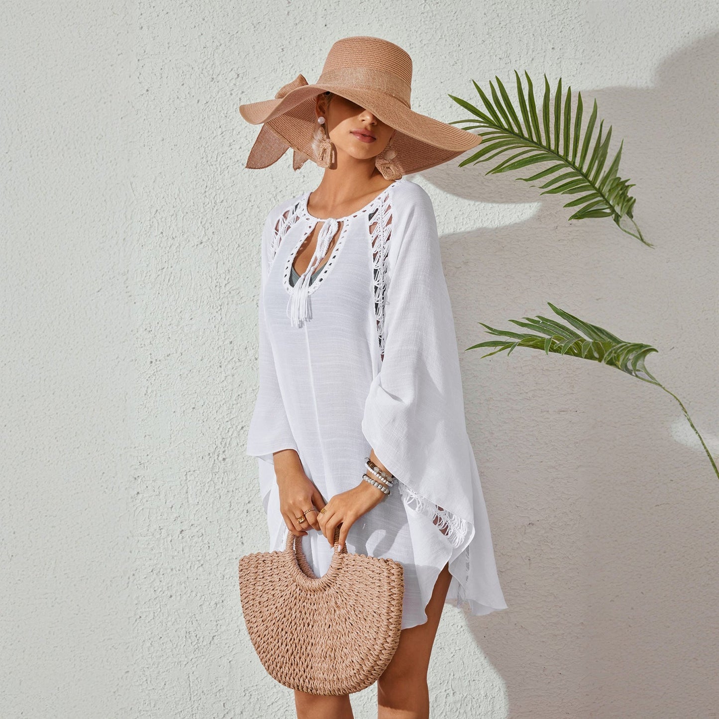 Women Bow Tie Pullover Bikini Swimsuit Blouse Solid Color Loose Sun Proof Clothes