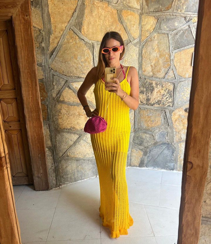 Autumn Winter Sexy Sheath Cutout Sling Ruffled Long Woolen Dress