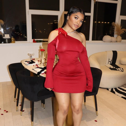 Spring Solid Color Diagonal Collar Lace Up Off Shoulder Long Sleeve Slim High Waist Dress