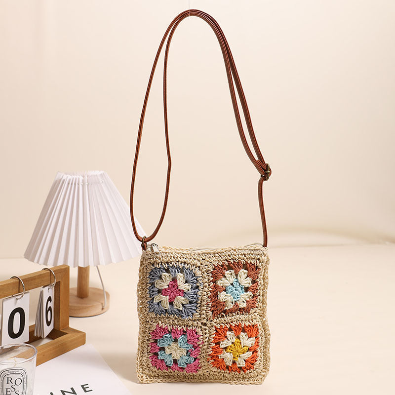 Hollow Out Cutout Floral Crossbody Straw Bag Retro Square Straw Bag Woven Bag Vacation Beach Bag All Match Shoulder Bag