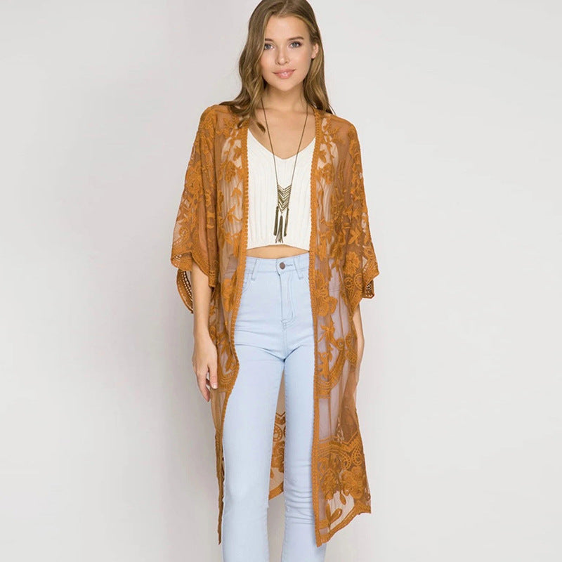 Sexy Grape Silk Embroidered Seaside Vacation Sun Protection Clothing Beach Jacket Bikini Swimsuit Outwear Cardigan for Women