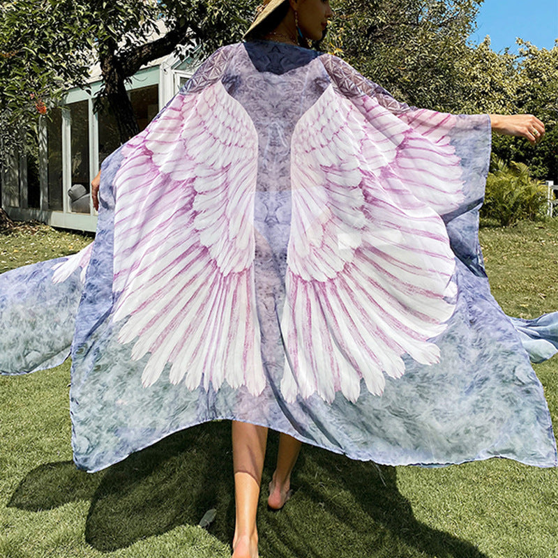 Beach Cover Up Wings Printing Wing Loose Long Long Sleeve Knitted Cardigan Sunscreen Beach Cover Up