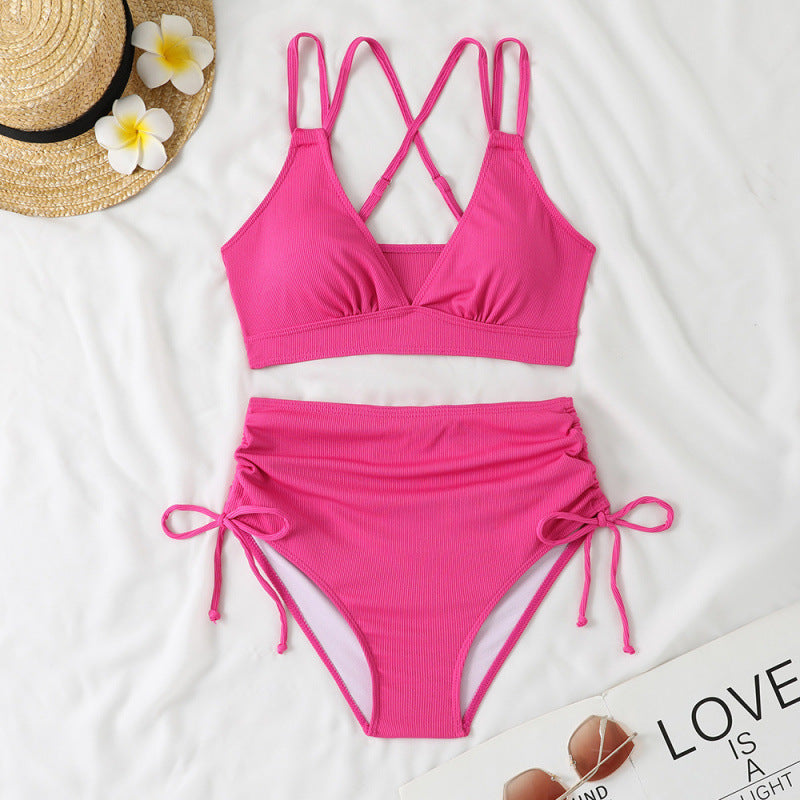 Swimwear Bikini Split High Waist Sunken Stripe Sexy Swimsuit Women Solid Color Split Swimsuit Swimsuit