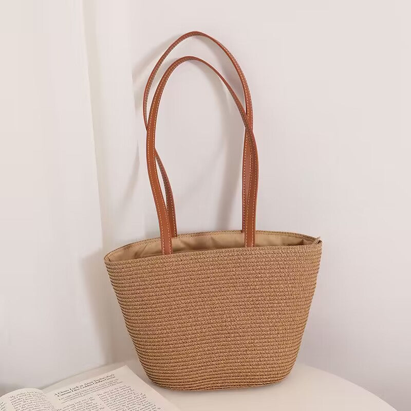 Striped Shoulder Straw Bag Woven Bag Summer Large Capacity Casual All Match Women Seaside Beach Rattan Woven Bag