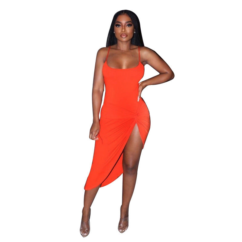 Dress Women Clothes -Selling Fashion Simple Solid Color Beveled Strap Dress