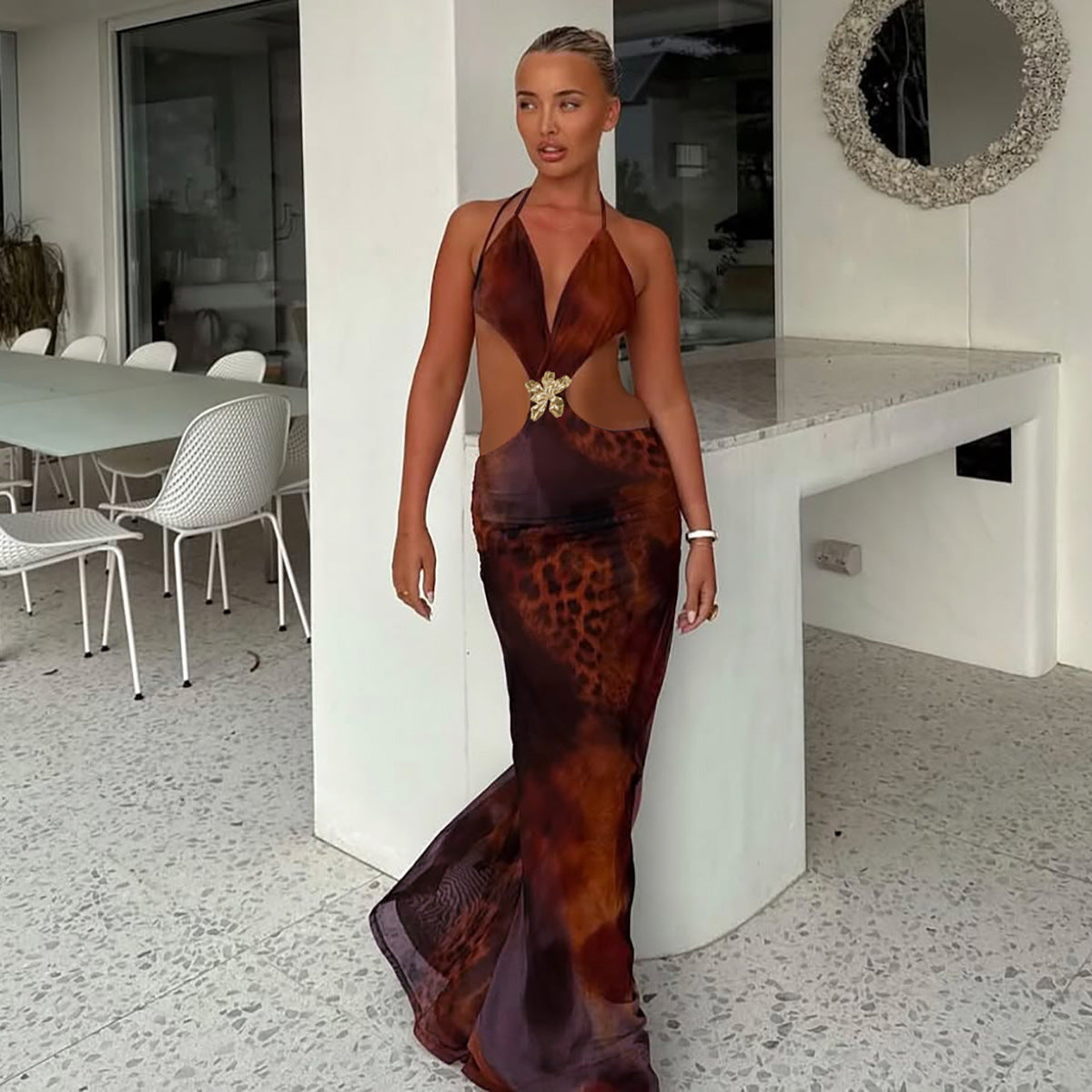 Women Summer Sexy Hollowed Printing Slim Fit Slit Dress