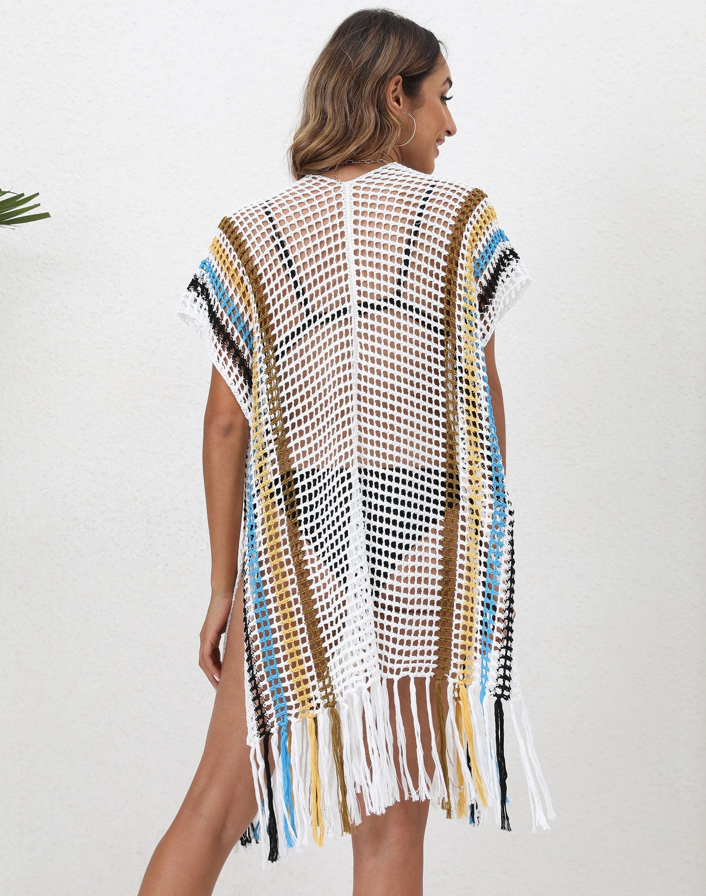 Beach Cover up Women Clothing Loose Woven Shirt Color Contrast Patchwork Tassel Beach Cover Up Cardigan