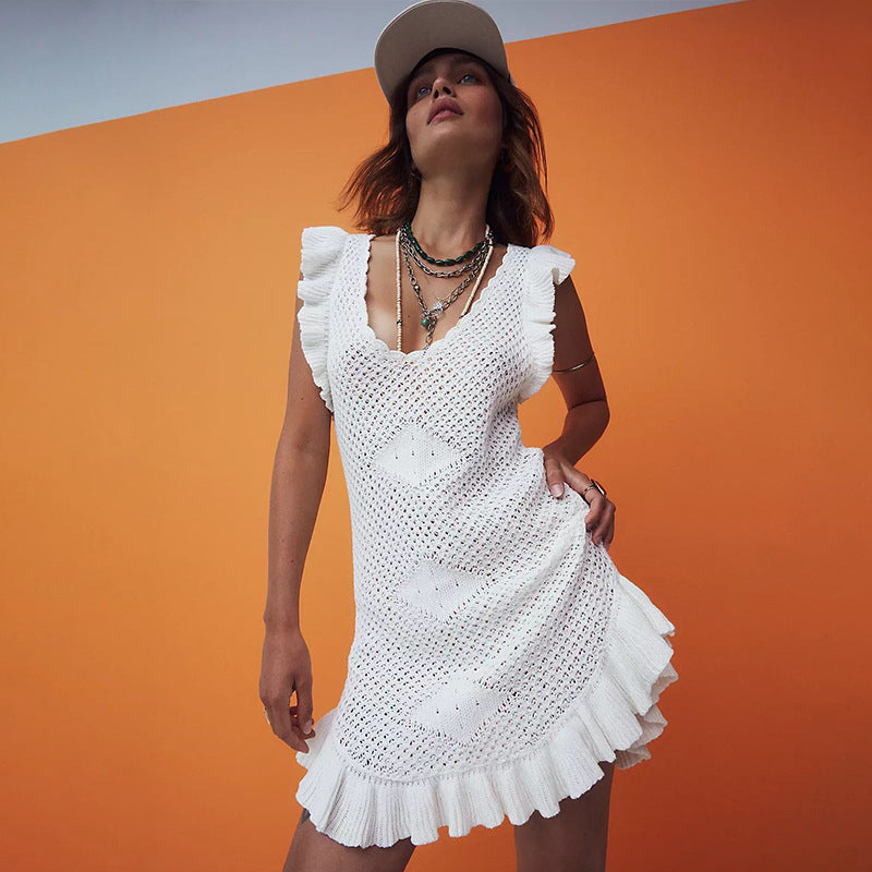 Summer Beach Dress Women Solid Color Sexy Knitted Hollow Out Cutout Bikini Swimsuit Blouse Sun Protective Clothing Crochet hook