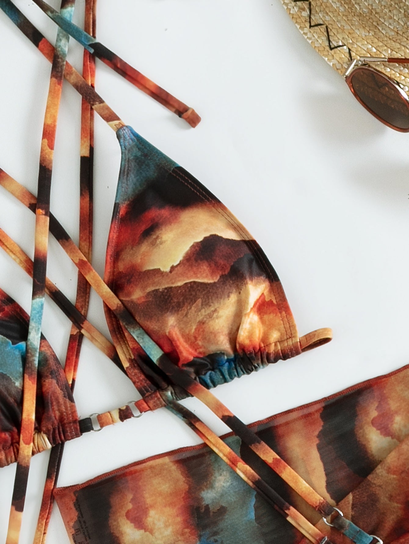 Gradient Printing Series with Net Hanfu Long Robe Sexy Three Piece Set Swimsuit Swimwear Women