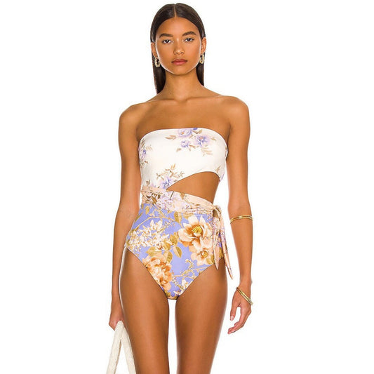 Printed One Piece Swimsuit Tube Top Sexy Beach Spring Skirt Two Piece Set