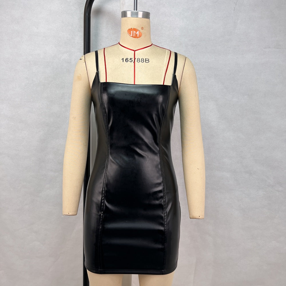 Sexy Sling Dress Women Clothing Summer Slim Hip Dress Faux Leather