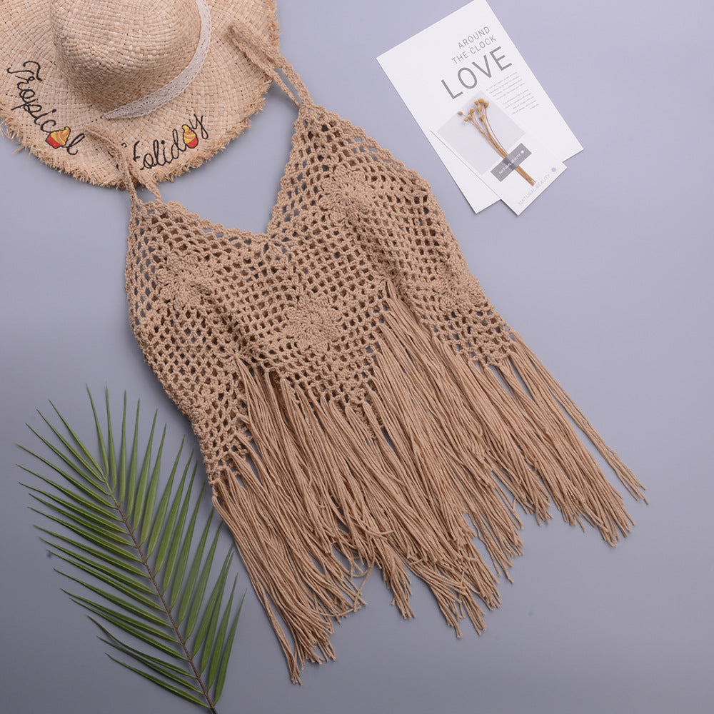 Vacation Beach Tassel Pure Hand Crocheting Woven Split Swimsuit V-neck Lace up Top Women Crochet