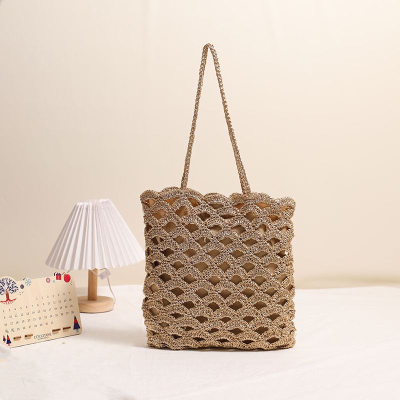 Hollowed out Shoulder Straw Bag Wave Pattern Straw Bag Woven Bag Vacation Beach Bag Niche Design Women Bags