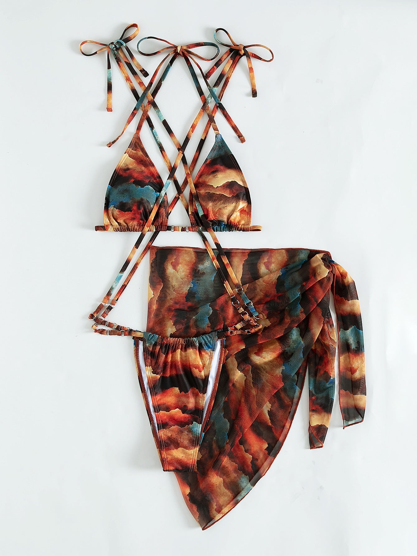 Gradient Printing Series with Net Hanfu Long Robe Sexy Three Piece Set Swimsuit Swimwear Women