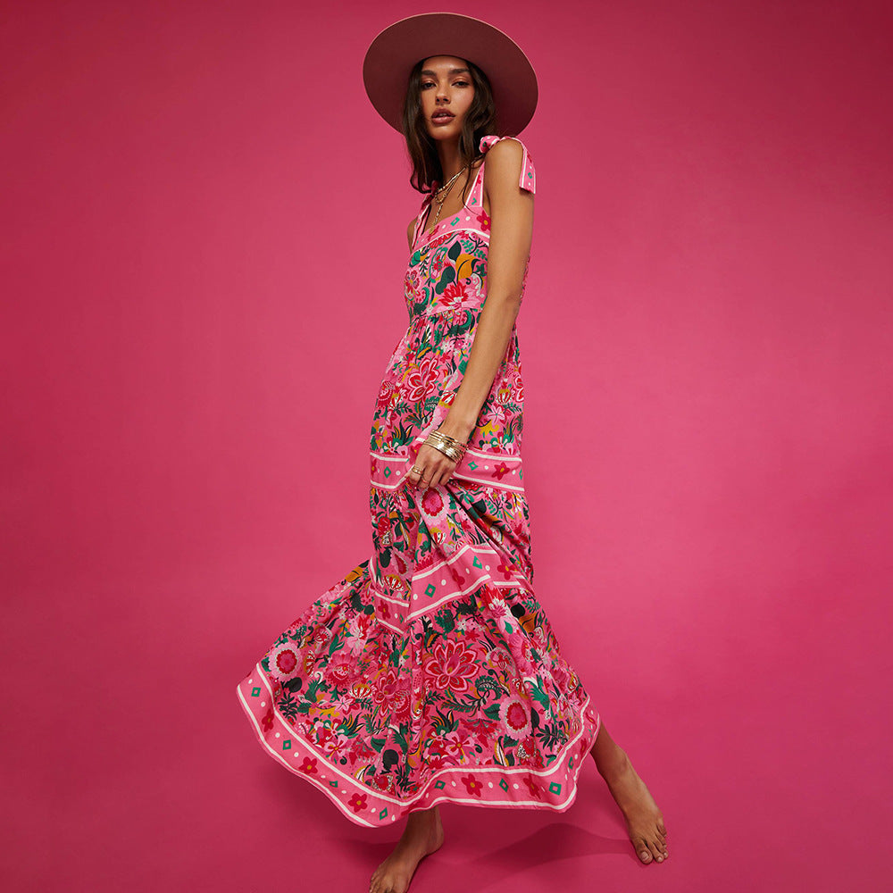 Printed Bow Shoulder Strap One Piece Swimsuit Women