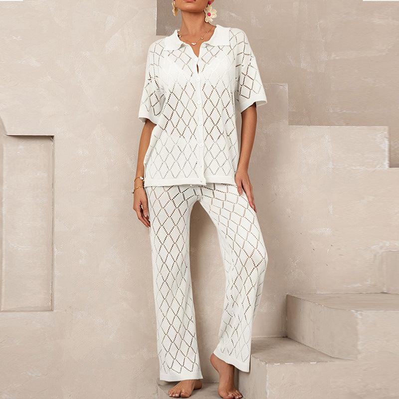Beach Short Sleeved Shirt Trousers Hollow Out Cutout out See through Casual Knitted Vacation Elegant Sun Protective Blouse Two Piece Sets