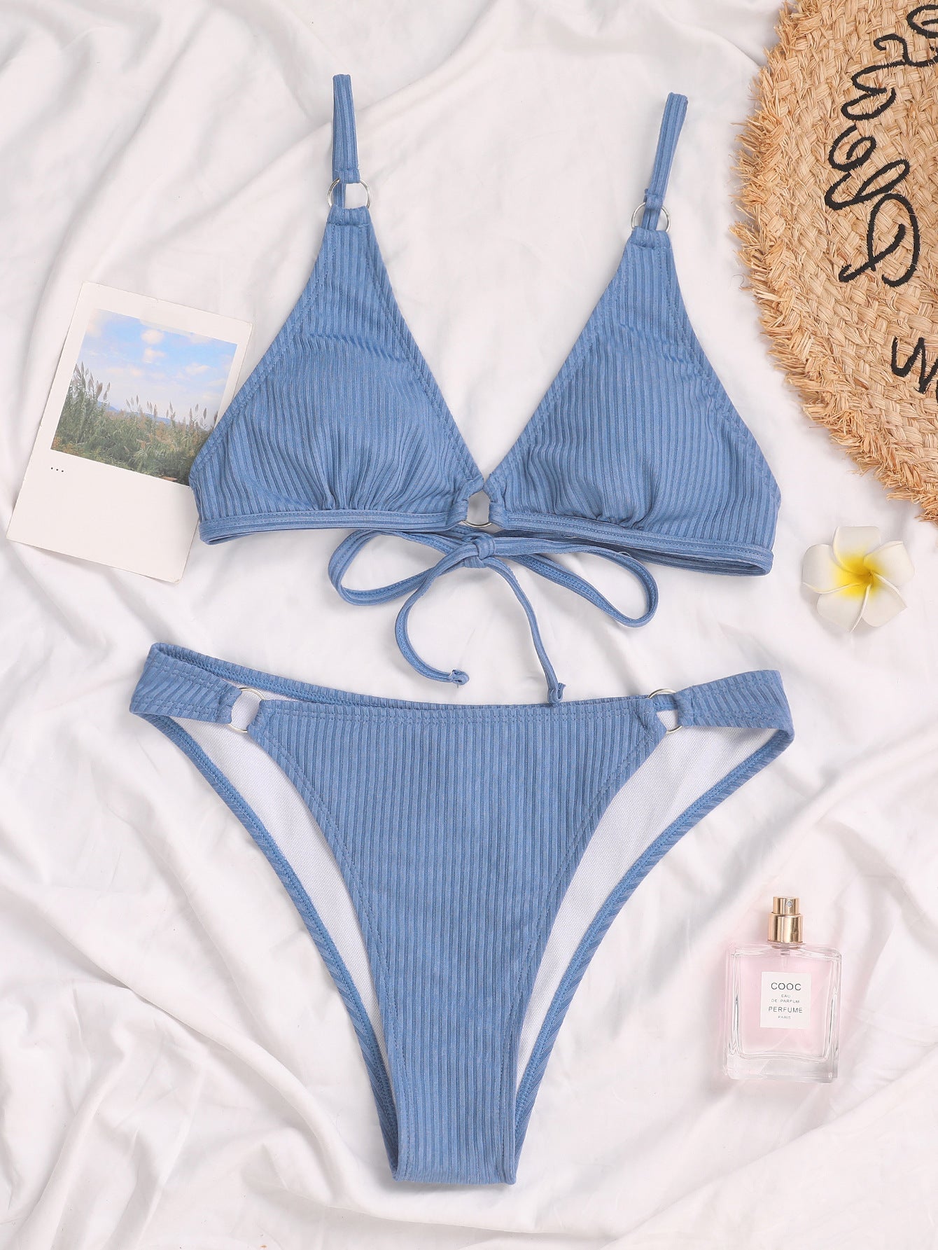 Solid Color Rib Fabric Triangle V-neck Lace-up Sexy Bikini Swimsuit Swimwear