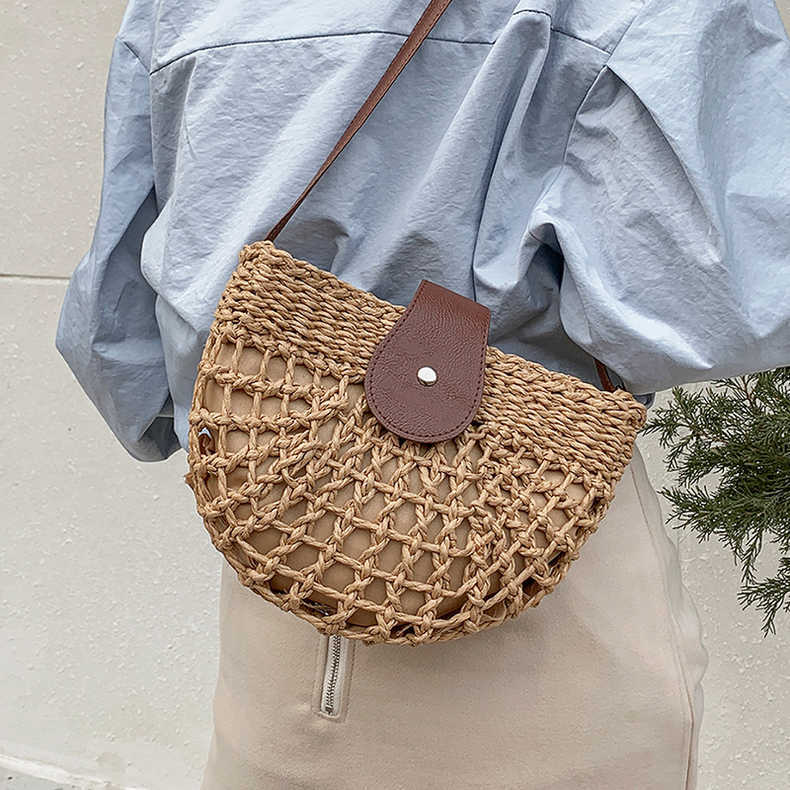 Fresh Hollow Out Cutout Semicircle Straw Bag Shoulder Crossbody Casual Straw Bag Woven Bag Vacation Beach Bag