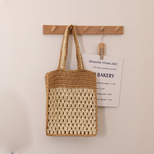 Color Matching Hollow Out Cutout out Crochet Shoulder Straw Bag Special Interest Design Hand Woven Bag Seaside Vacation Beach Bag