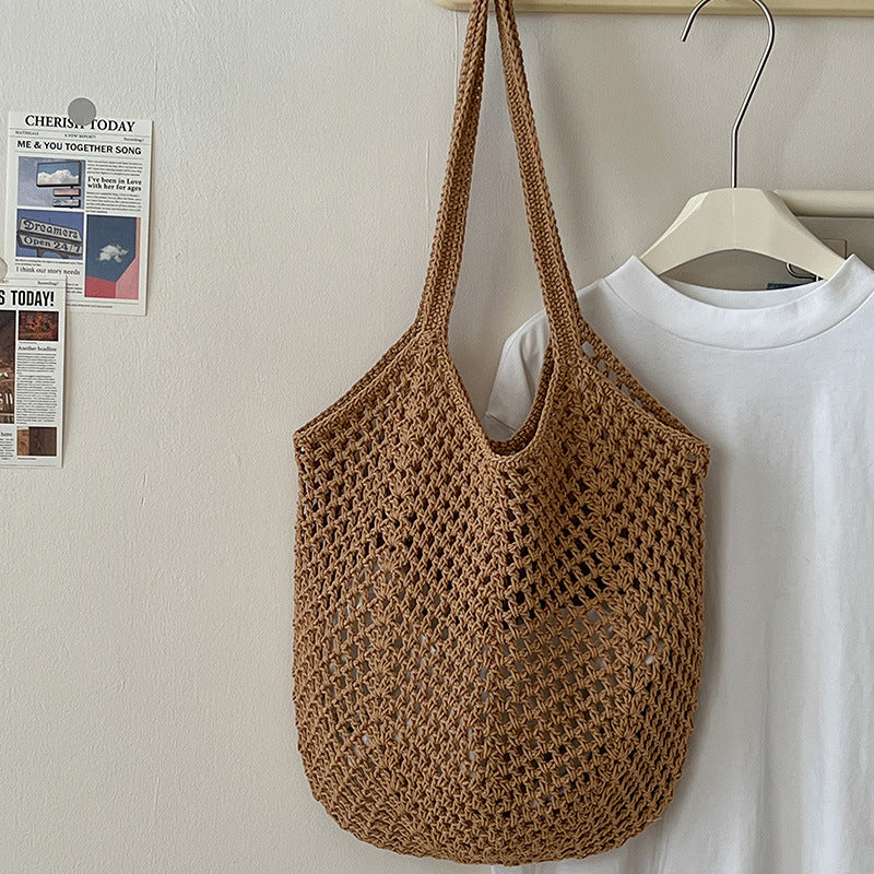 Casual Large Capacity Cotton Thread Woven Bag Hollow Out Cutout Straw Bag Idle Shoulder Bag Vacation Beach Bag Women Bag