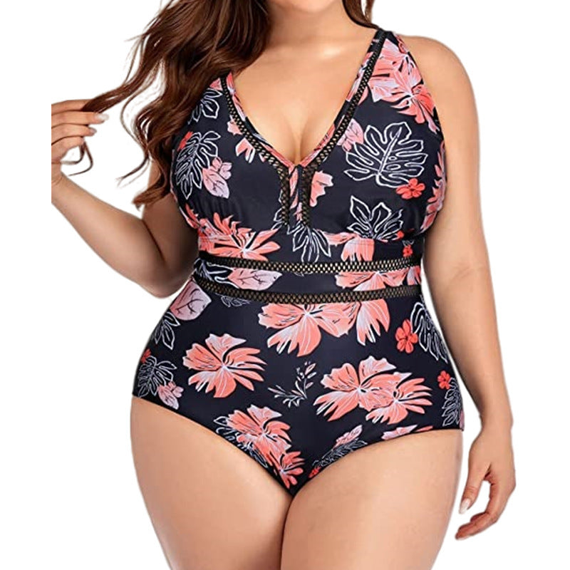 Ladies One Piece Swimsuit Mesh Fabric Stitching Printing Swimsuit Bikini