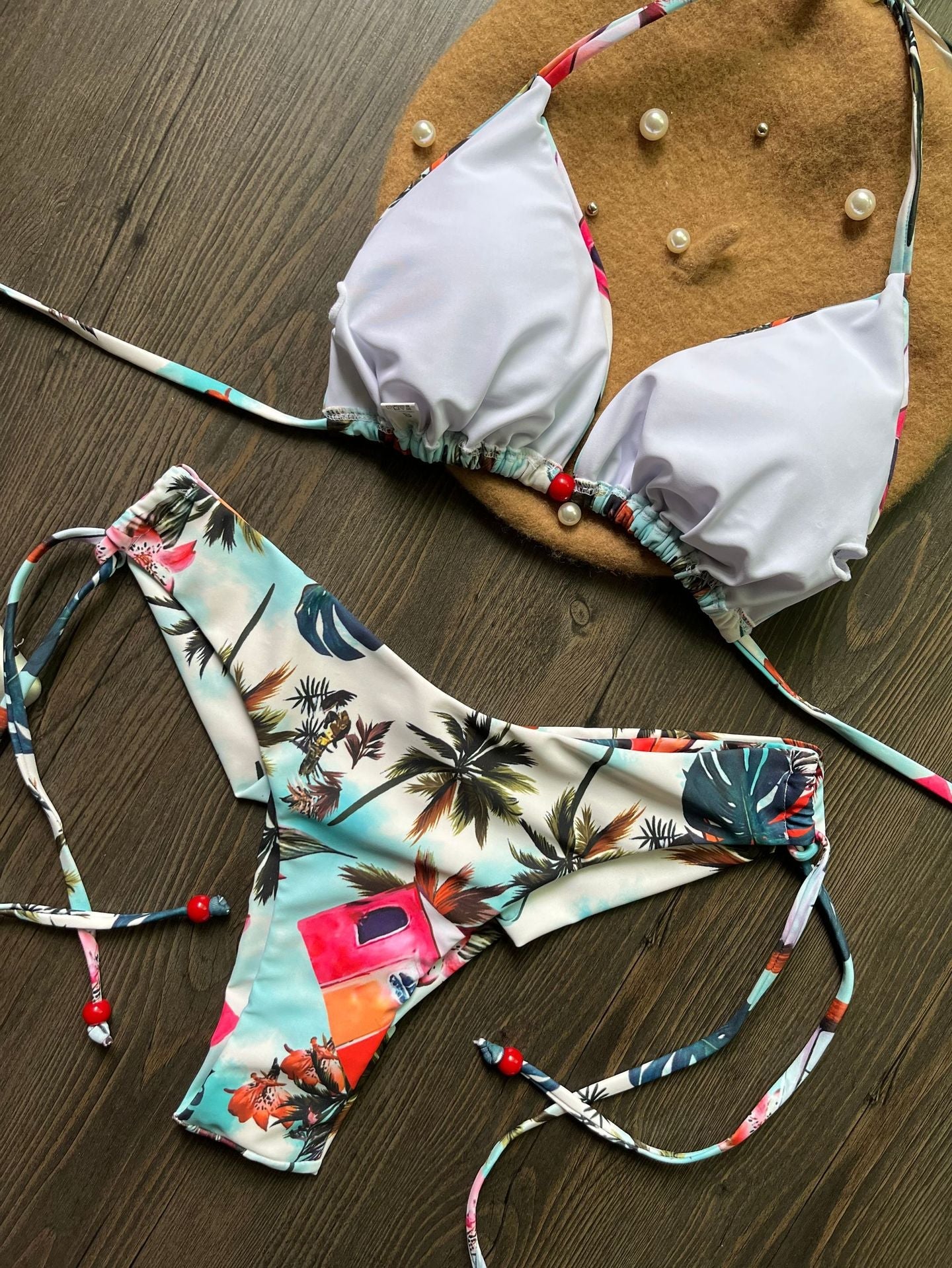 Women Sexy Split Triangle Bag Bikini Fresh Printed Swimsuit Bikini