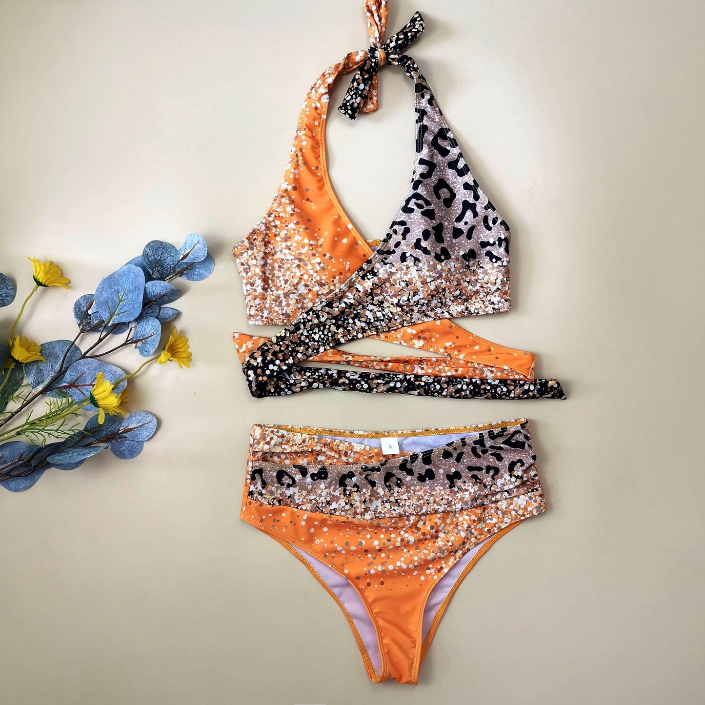 Popular Women Swimsuit Cross Leopard Print Sequin Gradient Bikini