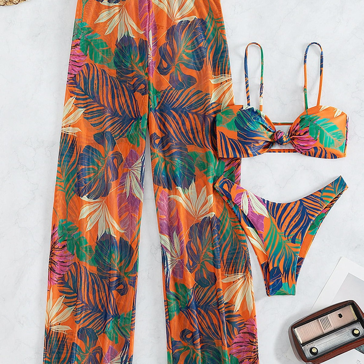 Plant Print Spaghetti Strap Buckle Tube Top High Cut Briefs Trousers Split Three Piece Bikini