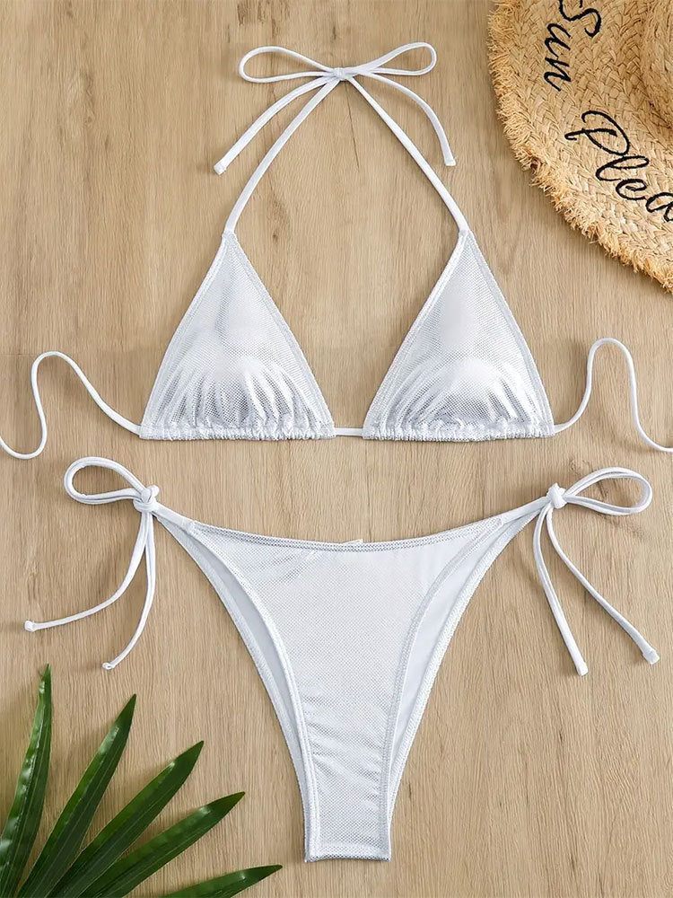 Solid Color Tied Sexy Split Swimsuit Women Three Point Beach Bikini Swimming Set