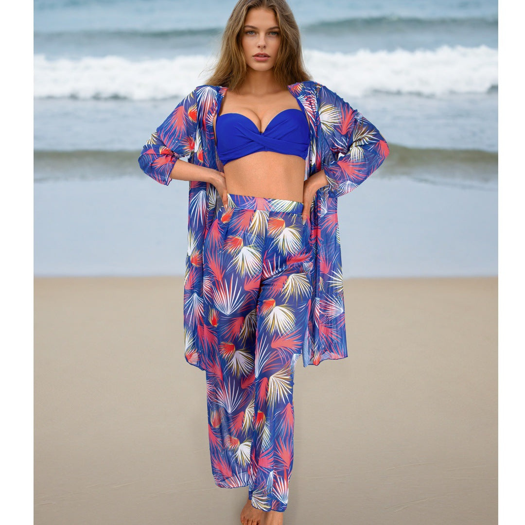 Four Piece Set Women Swimsuit Long Sleeve Blouse Sun Protective Pants Bikini