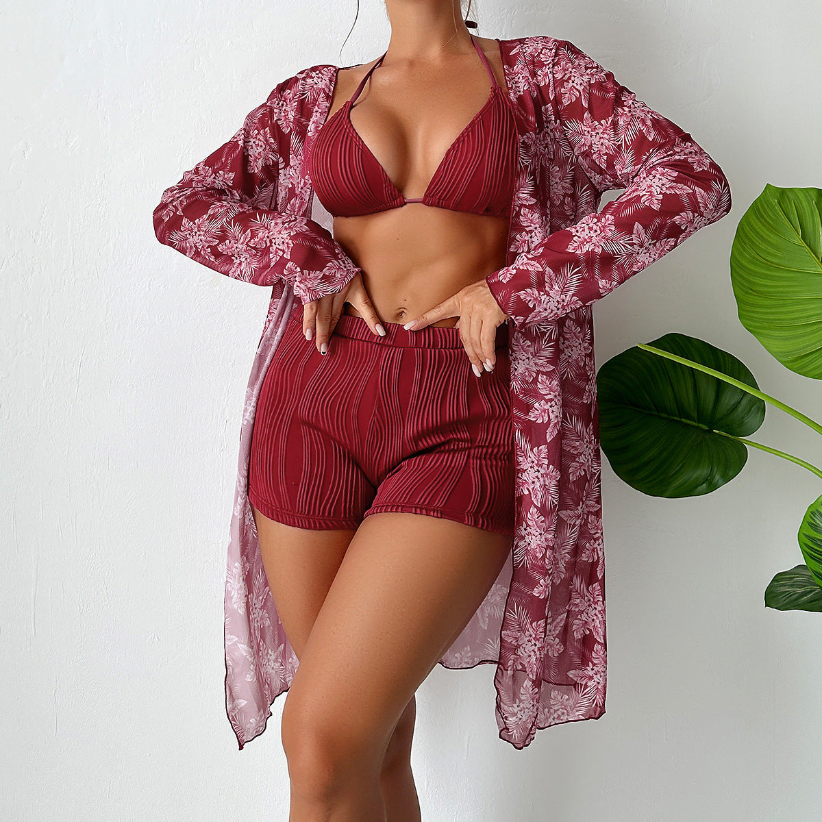 Swimsuit Women Split Three Piece Long Sleeved Bikini Internet Celebrity Solid Color Boxers Blouse Swimsuit