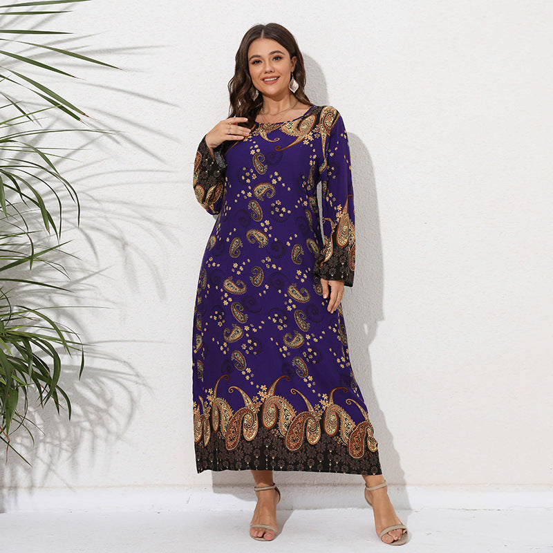 Plus Size Ethnic Loose Maxi Dress Cashew Printed Long Sleeve Dress
