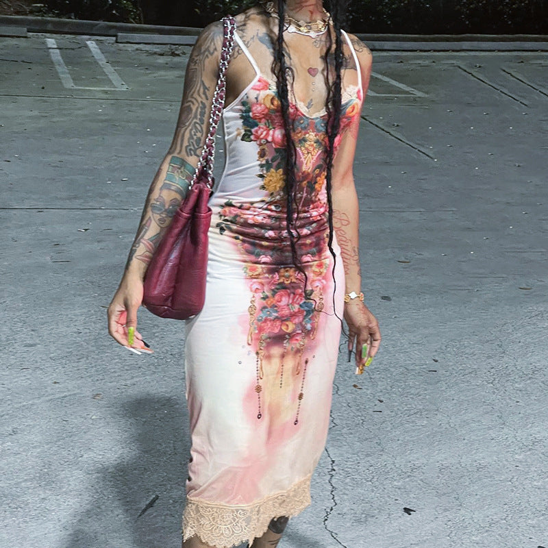 Personalized Printed Lace Lace Spaghetti Strap Dress Spring Slim Fit Maxi Dress