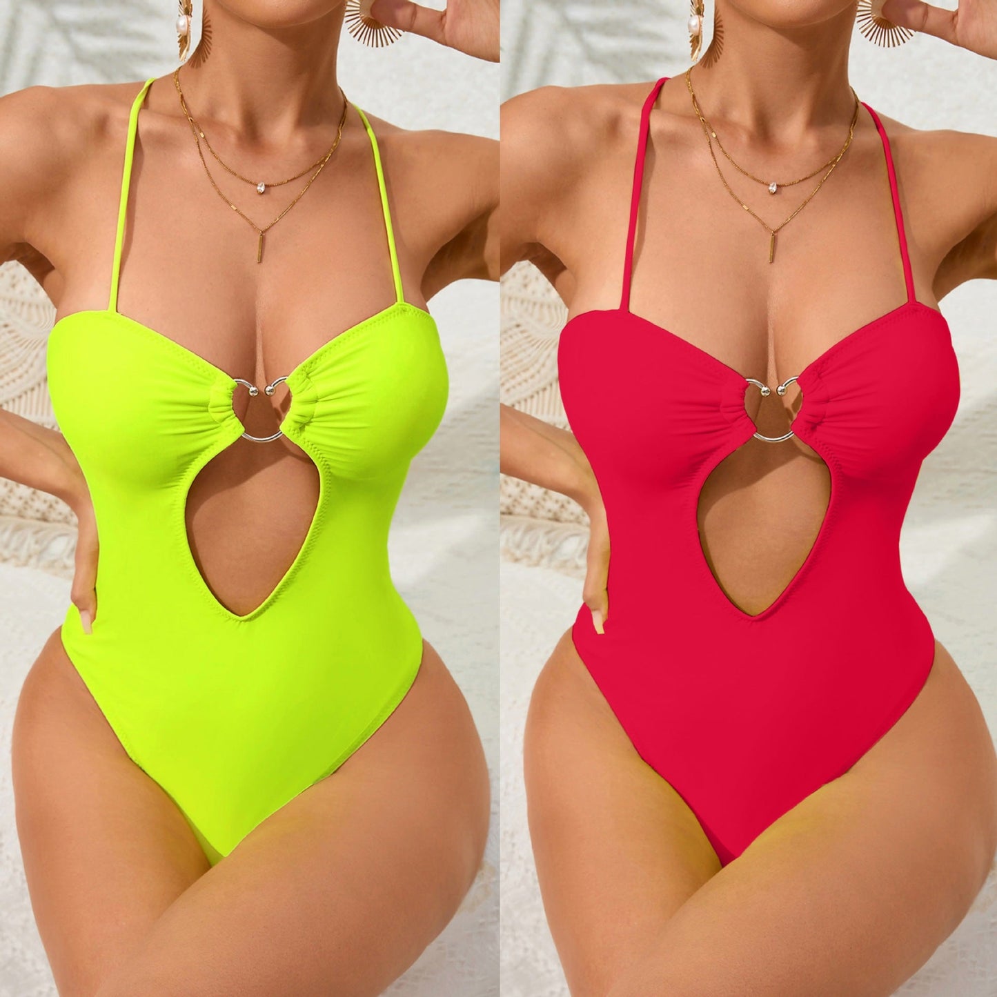 Fluorescent Color Hollow Out Cutout Sexy Love One Piece Swimsuit Bikini Women