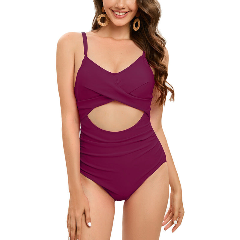 Swimsuit Women Halter Strap Beauty Back One Piece Swimsuit Pleated Belly Covering Thin Swimsuit