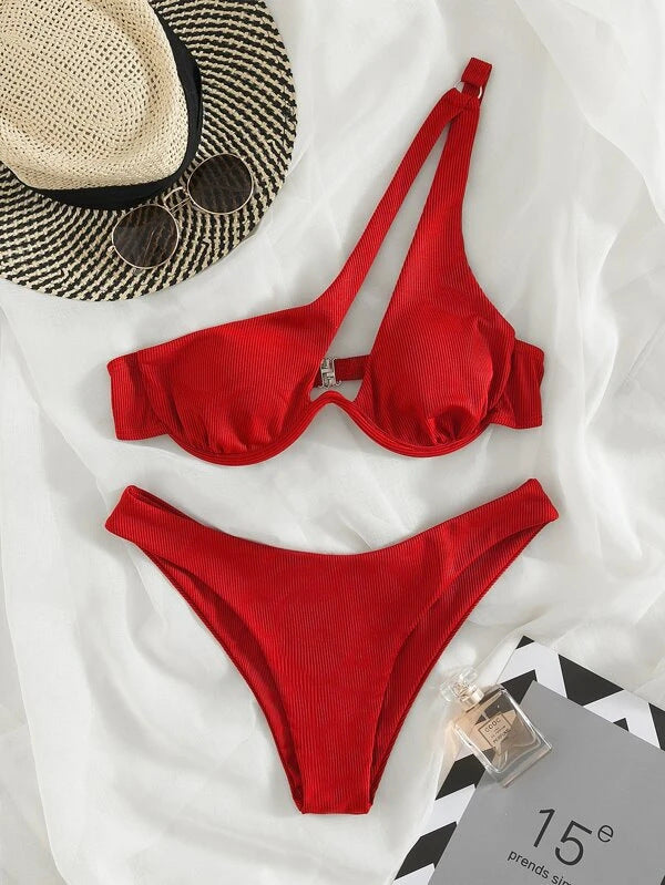 Sexy Women Seperated Swimwear Solid Color One Shoulder Underwire Bikini