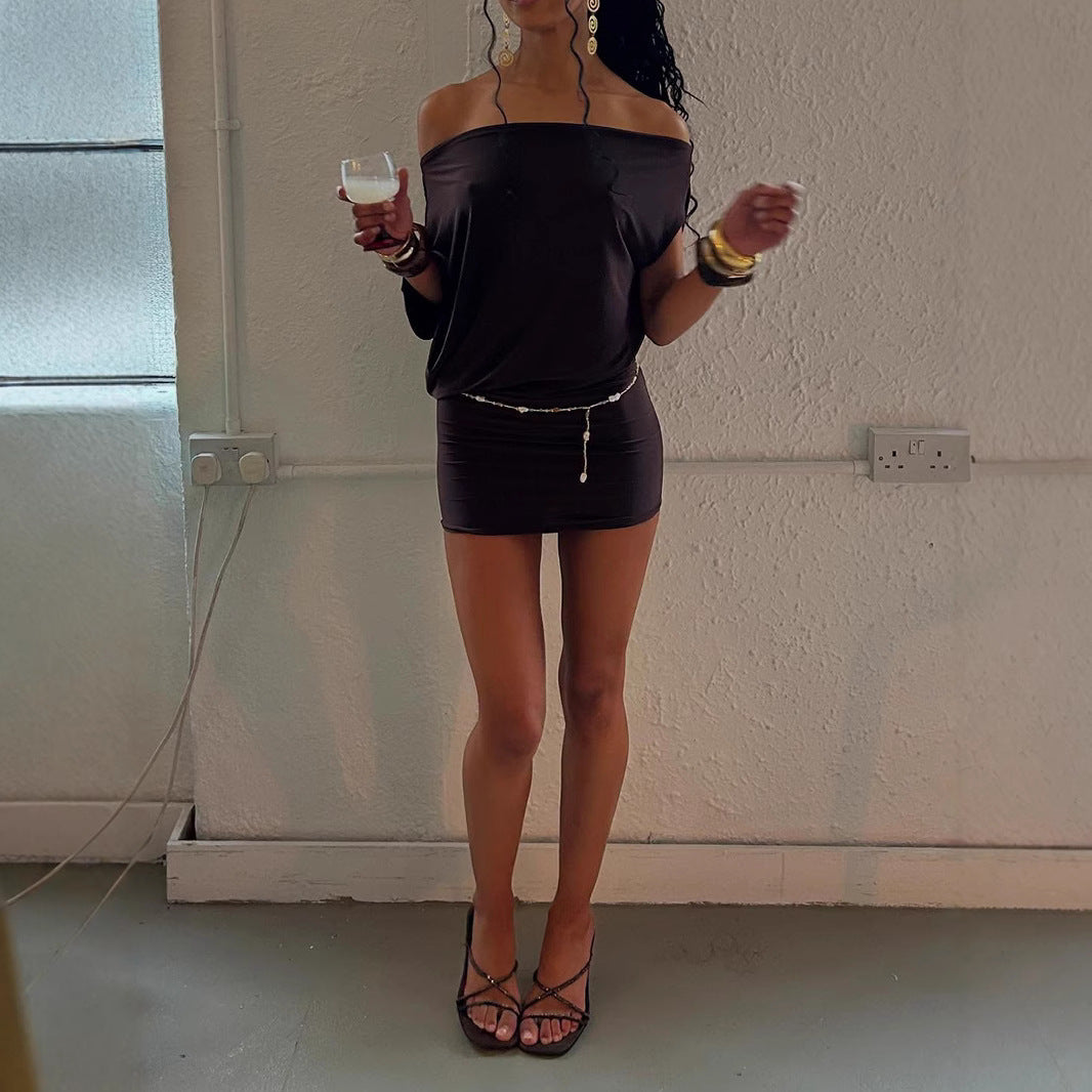 Sexy Solid Color Women Clothing Sexy Tube Top Irregular Asymmetric Shoulder Sleeve Short Slim Sheath Dress Women