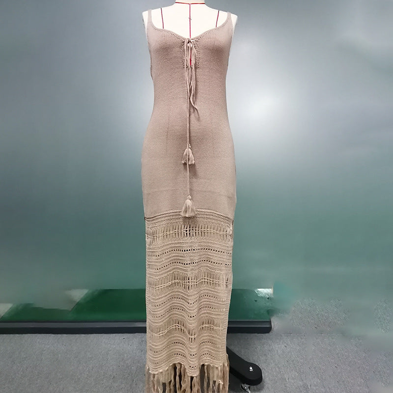 Summer Beach Dress Women Solid Color Spaghetti Straps Knitted Hollow Out Cinched Tassel Midi Dress Swimsuit Blouse Crochet hook