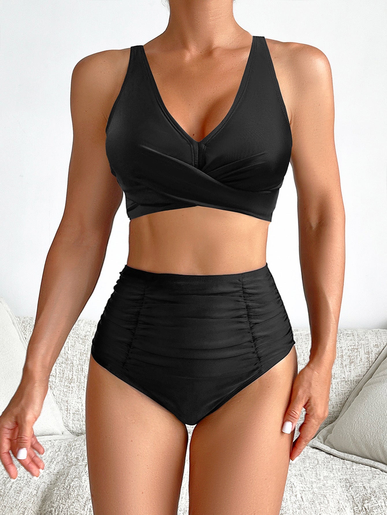 Bikini Solid Color Wrinkle High Waist Sexy Bikini Split Swimsuit Swimwear