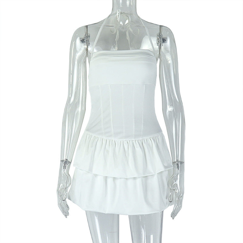 Elegant Sexy Backless Pleated A line Halterneck off Shoulder Dress Fresh Simple Women Clothing