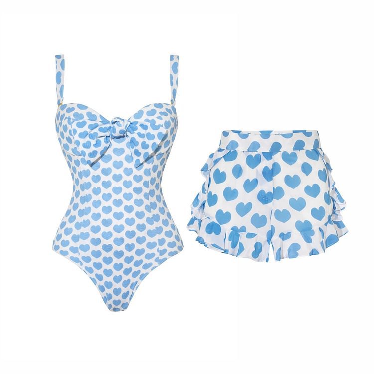 Heart Printing Bow One Piece Swimsuit Women