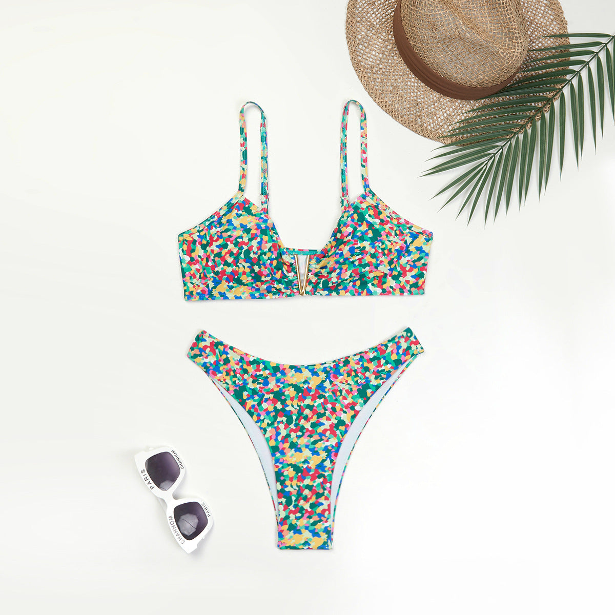 Swimsuit Women Split Two Piece Suit Printed Metal U Shaped Bikini Bikini Bikini Swimsuit