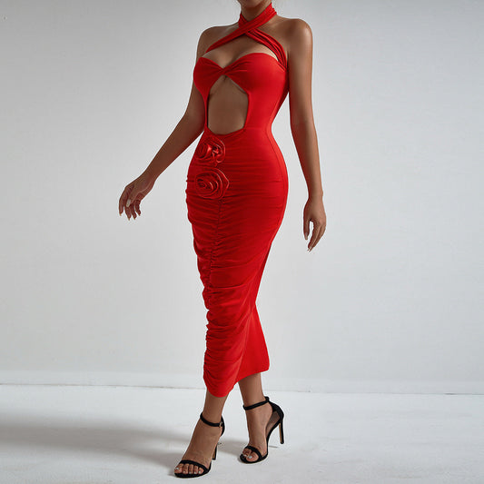 Fashionable Floral Cross Halter Hollow Out Cutout Sexy Chest lattering Dress Elegant Holiday Pleated Hip Dress for Women