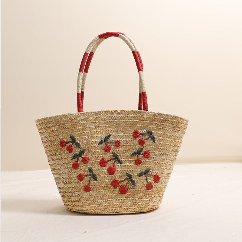 Niche Embroidered Cherry Shoulder Straw Bag Large Capacity Straw Woven Bag Seaside Vacation Beach Bag