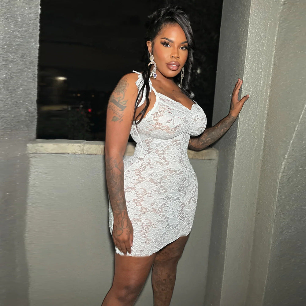 Sexy Women Clothing See through Slim Fit Lace up Sling Floral Lace Sheath Dress