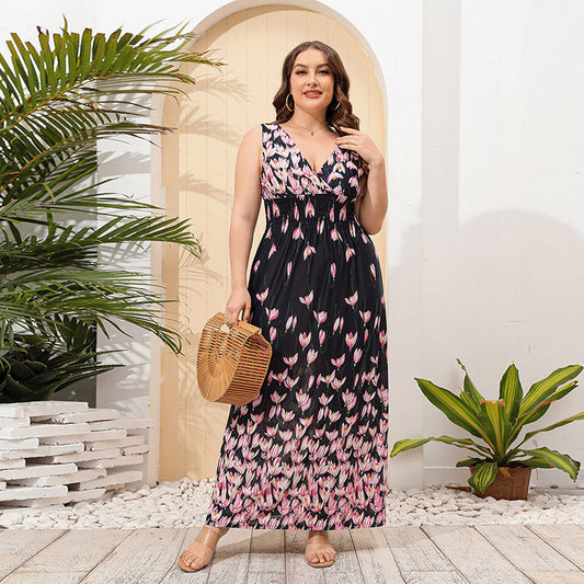 Plus Size Floral Print Dress Women Ice Silk V neck Holiday Beach Dress Long Dress