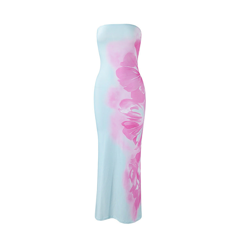 Women Clothing Summer Sexy Bandeau Slim Fit Printing Color Contrast Backless Sheath Dress