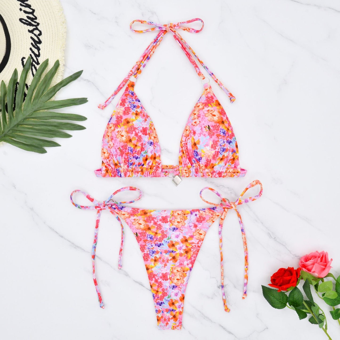 Women Clothing Small Floral Swimsuit Lace up Halterneck Sexy Beauty Back Bikini