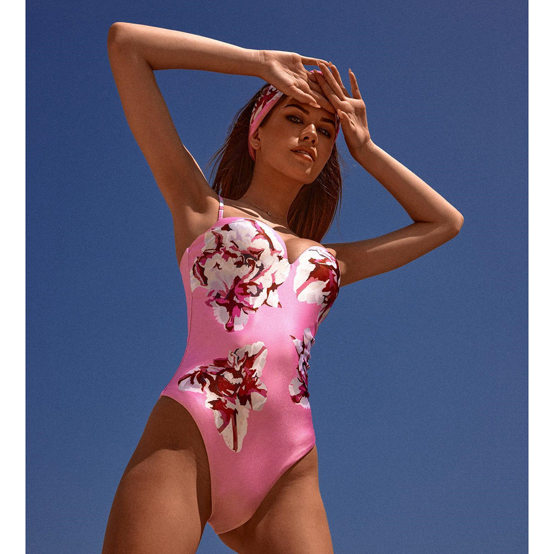 Women One Piece Swimsuit Two Piece Set Long Sleeve Mesh Blouse Sexy Printed Swimsuit