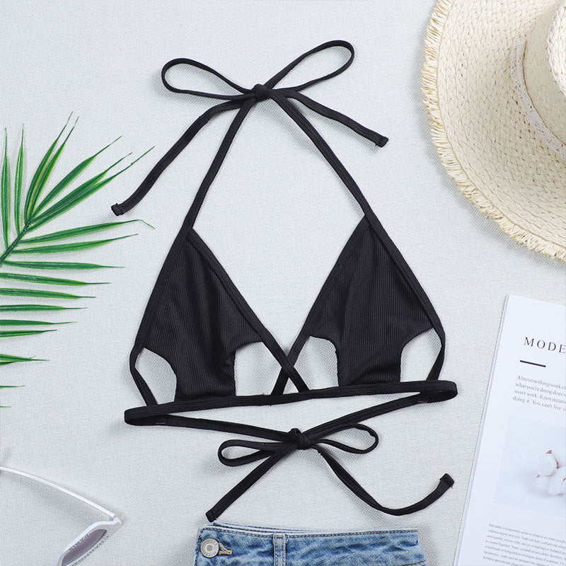 Lace up Halterneck Women Bikini Top Sexy Solid Color Hollow Out Cutout Beach Swimsuit